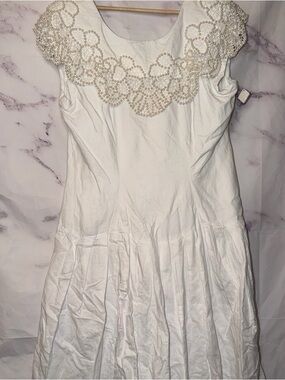 Vintage Sarah Elizabeth White Linen Blend Dress Pearl Collar